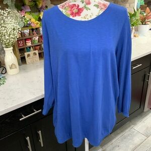 Talbots Woman 1X Knit Top Blue Blue Pom Pom Trim Cotton 3/4 Sleeve Round Neck